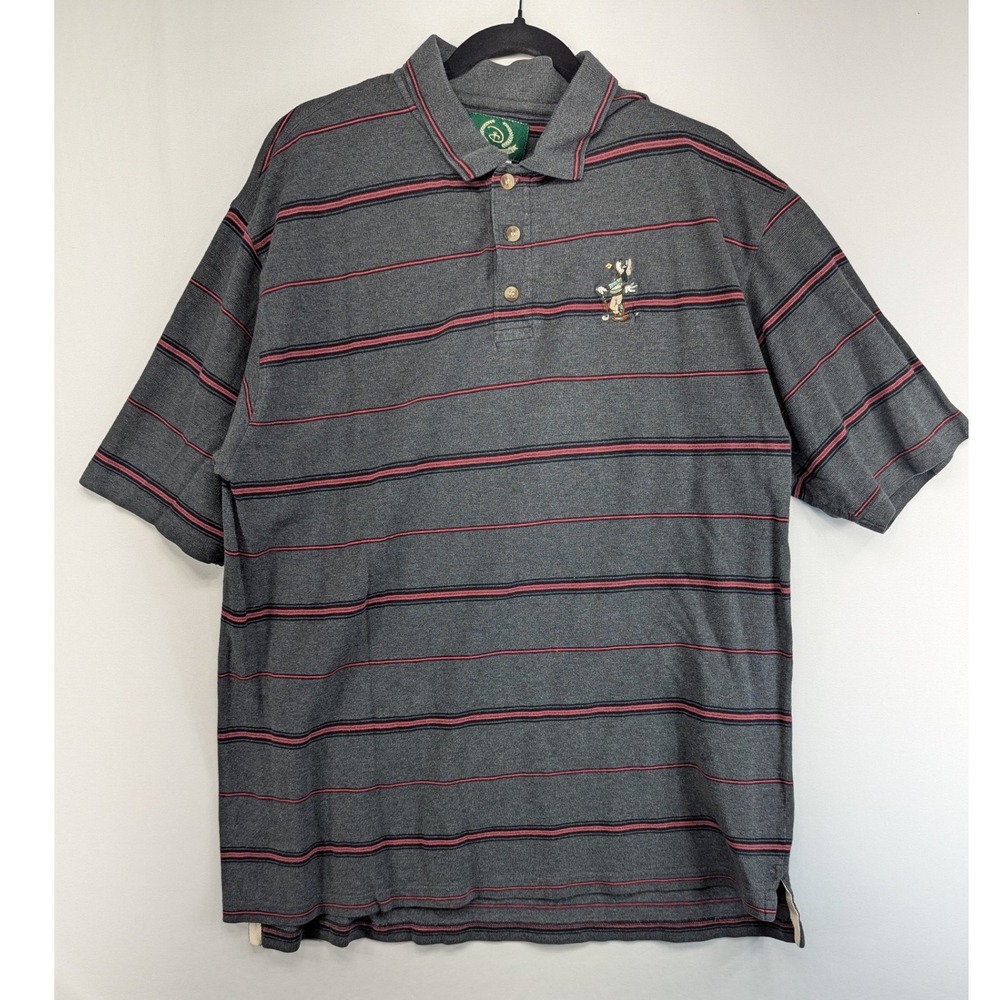 Disney Golf Collection Goofy Striped Polo Shirt Mens Large Gray Red Cotton